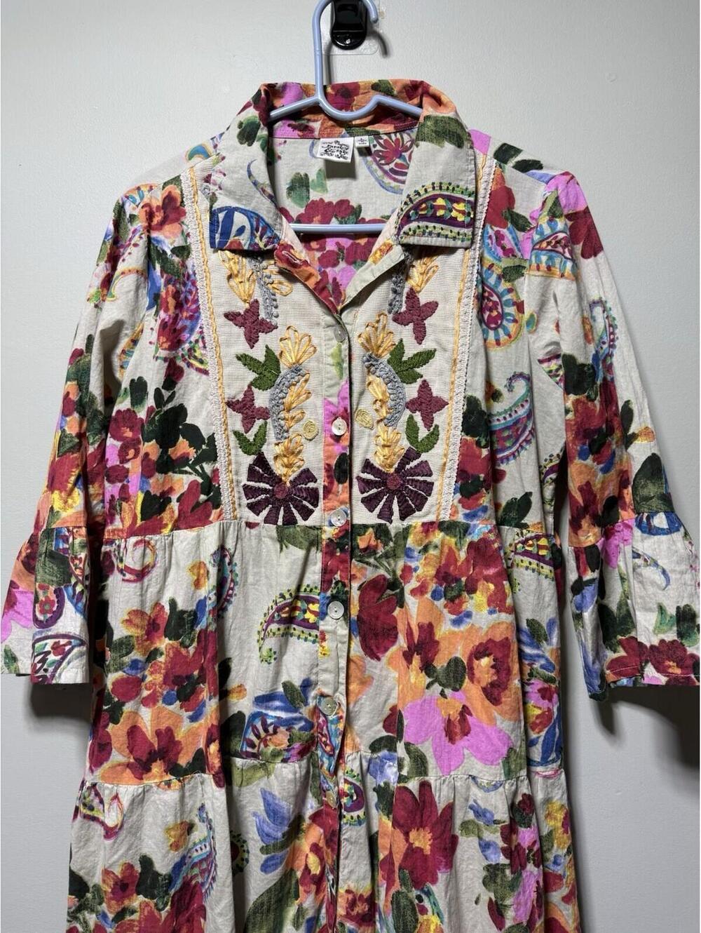 Parsley & Sage Waverly Tiered Floral Embroidered Dress 100% Cotton L Boho Artsy - Picture 2 of 8